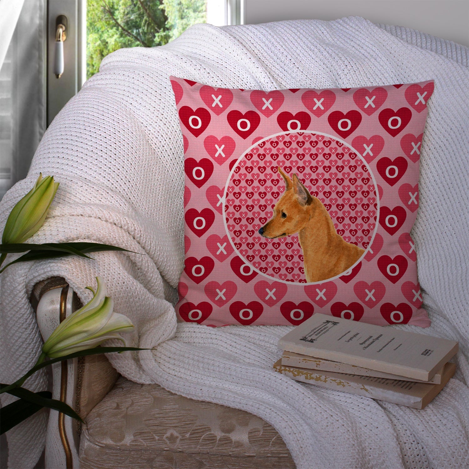 Min Pin Hearts Love and Valentine's Day Portrait Decorative Throw Pillow 14x14 Indoor Outdoor Accent Cushion, Fabric Cover with Insert for Sofa, Bed, Porch & Living Room