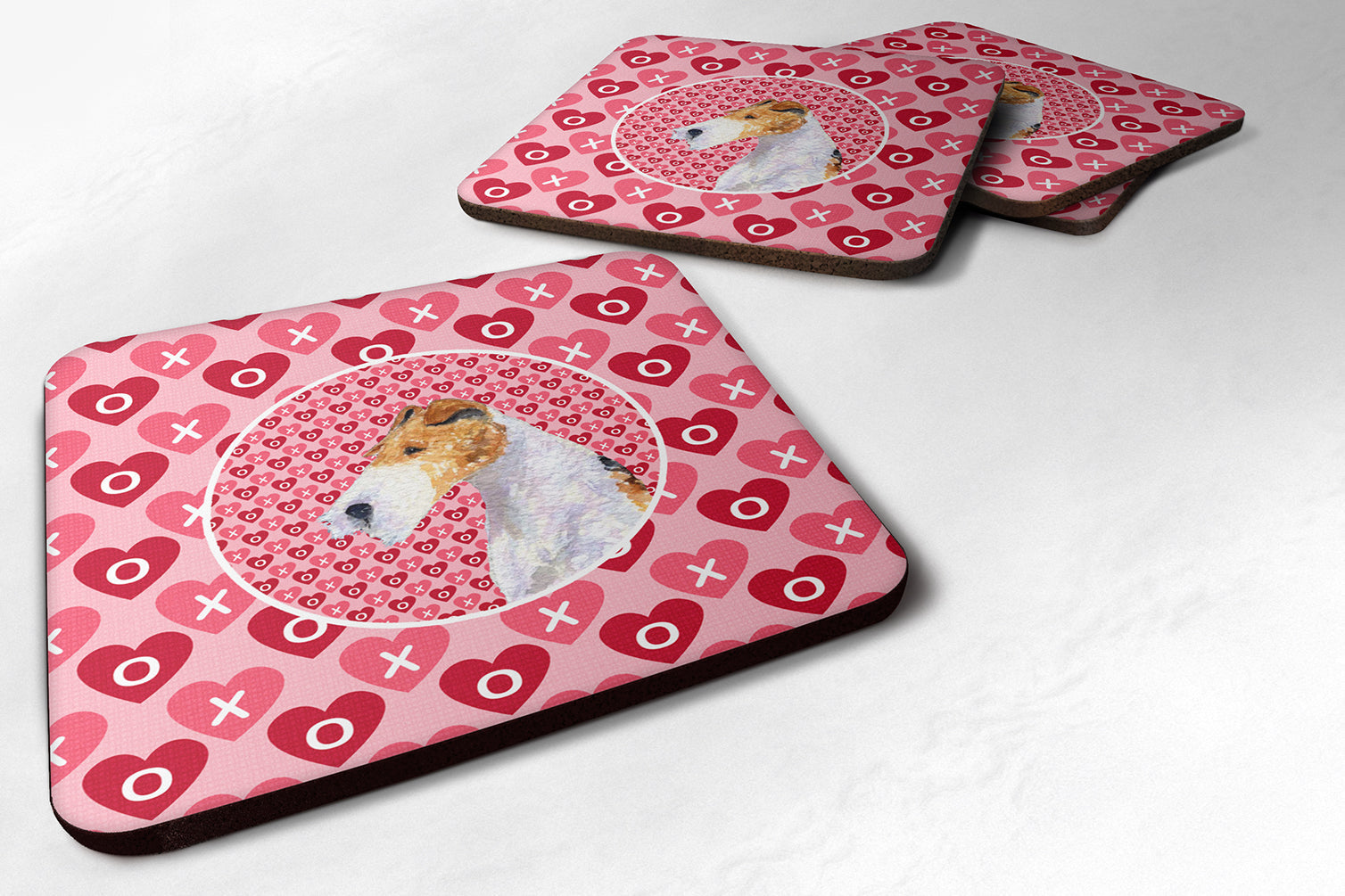 Fox Terrier Hearts Love and Valentine's Day Portrait Foam Coasters Set of 4 Cup Coasters for Indoor Outdoor, Tabletop Protection, Anti Slip, Mouse pad Material