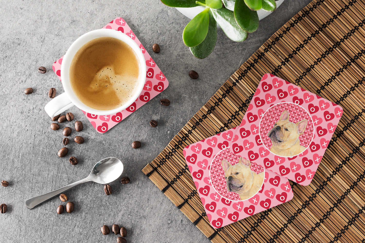French Bulldog Hearts Love and Valentine's Day Portrait Foam Coasters Set of 4 Cup Coasters for Indoor Outdoor, Tabletop Protection, Anti Slip, Mouse pad Material