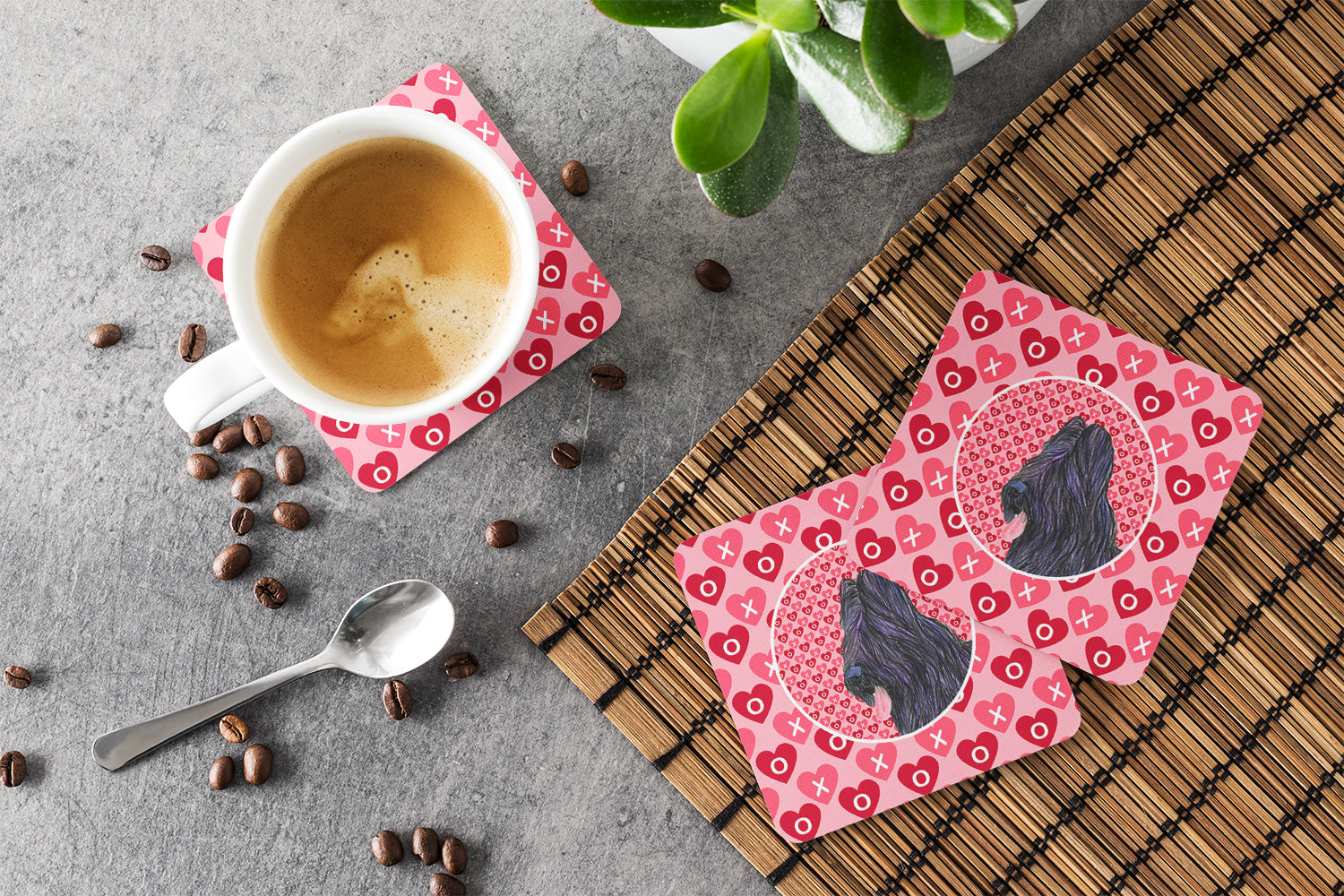 Briard Hearts and Love Foam Coasters Set of 4 Cup Coasters for Indoor Outdoor, Tabletop Protection, Anti Slip, Mouse pad Material