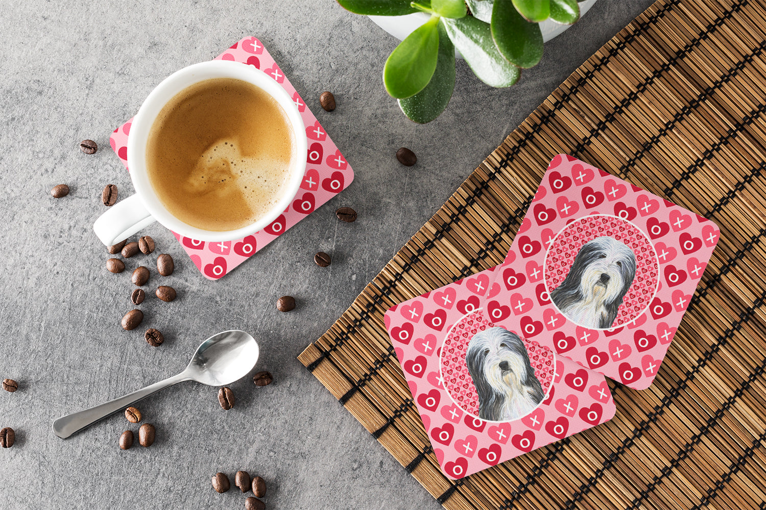 Bearded Collie Hearts Love and Valentine's Day Portrait Foam Coasters Set of 4 Cup Coasters for Indoor Outdoor, Tabletop Protection, Anti Slip, Mouse pad Material