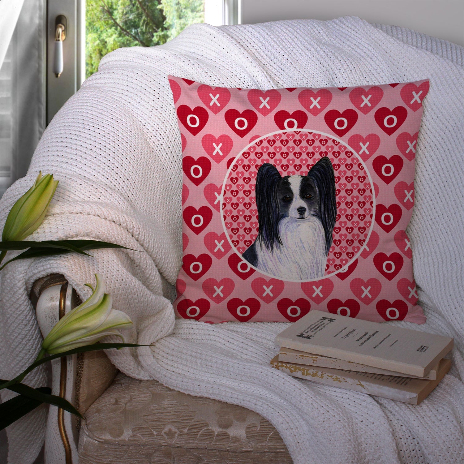 Papillon Hearts Love and Valentine's Day Portrait Decorative Throw Pillow 14x14 Indoor Outdoor Accent Cushion, Fabric Cover with Insert for Sofa, Bed, Porch & Living Room