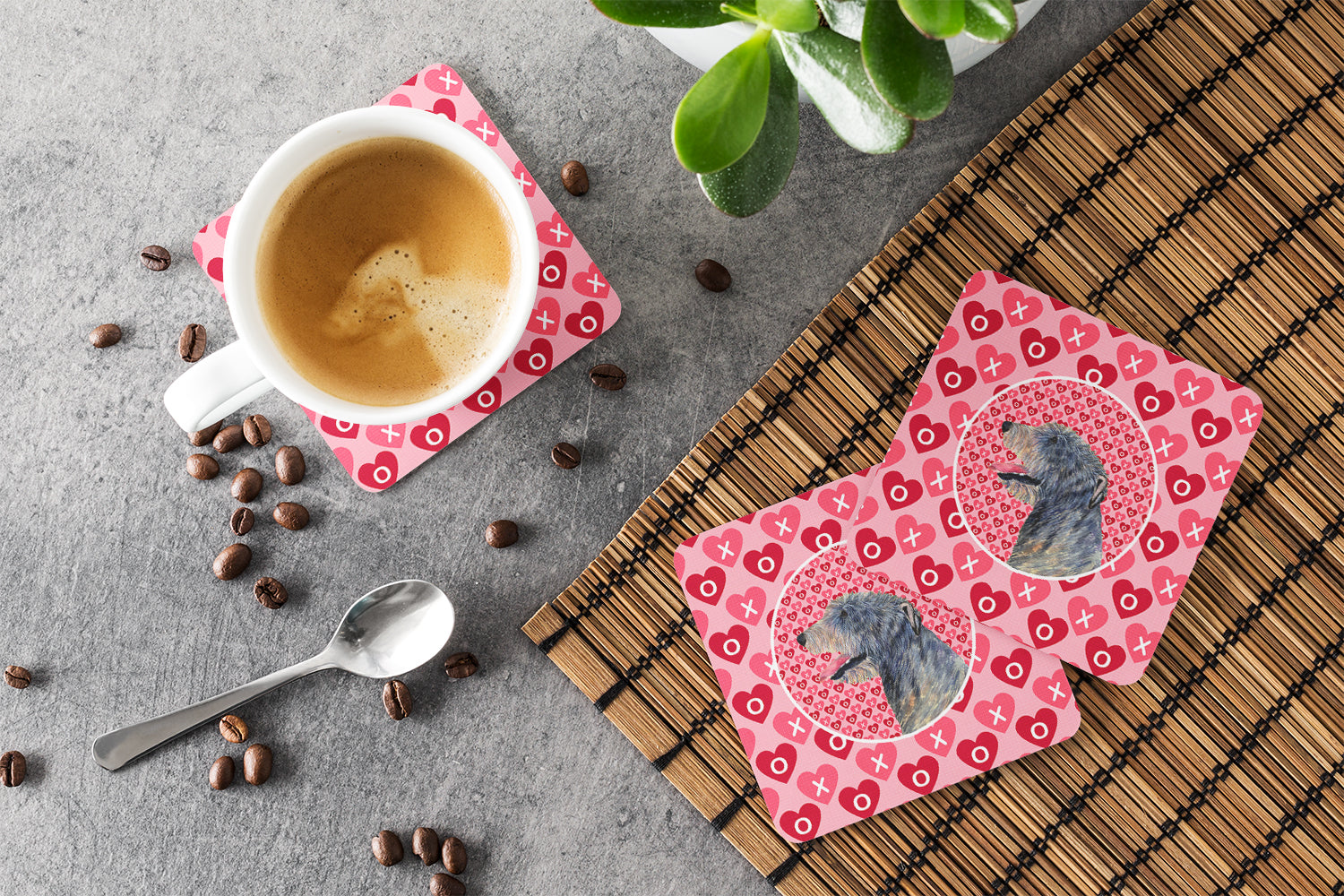 Irish Wolfhound Hearts Love and Valentine's Day Portrait Foam Coasters Set of 4 Cup Coasters for Indoor Outdoor, Tabletop Protection, Anti Slip, Mouse pad Material