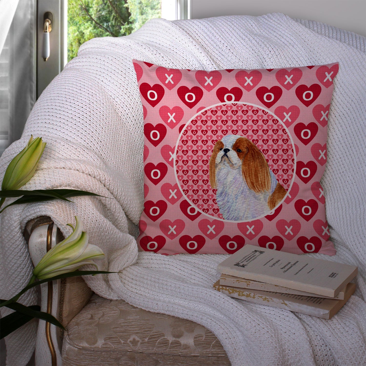 English Toy Spaniel Hearts Love and Valentine's Day Portrait Decorative Throw Pillow 14x14 Indoor Outdoor Accent Cushion, Fabric Cover with Insert for Sofa, Bed, Porch & Living Room