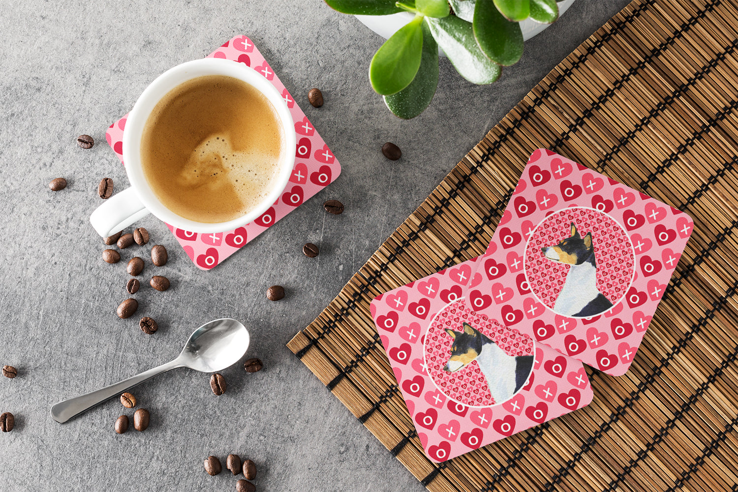 Basenji Hearts Love and Valentine's Day Portrait Foam Coasters Set of 4 Cup Coasters for Indoor Outdoor, Tabletop Protection, Anti Slip, Mouse pad Material