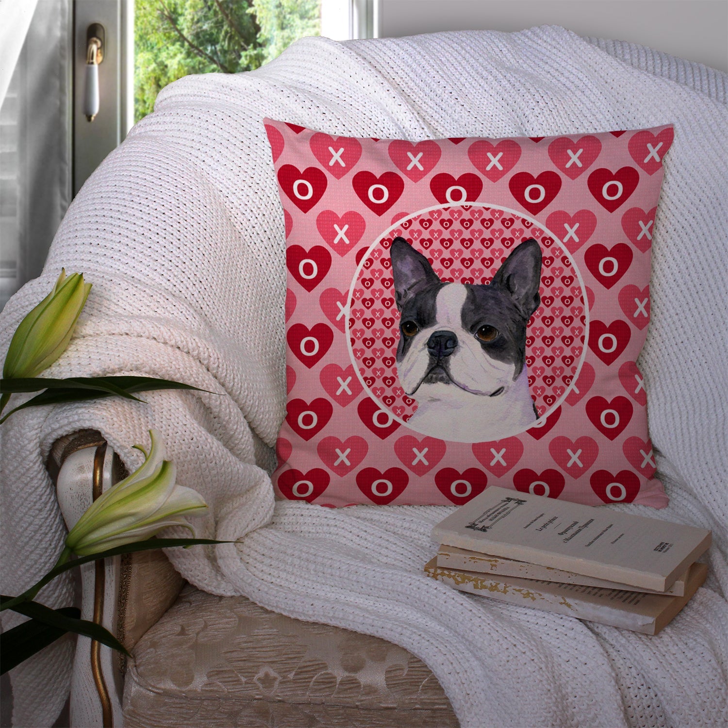 Boston Terrier Hearts Love Valentine's Day Decorative Throw Pillow 14x14 Indoor Outdoor Accent Cushion, Fabric Cover with Insert for Sofa, Bed, Porch & Living Room