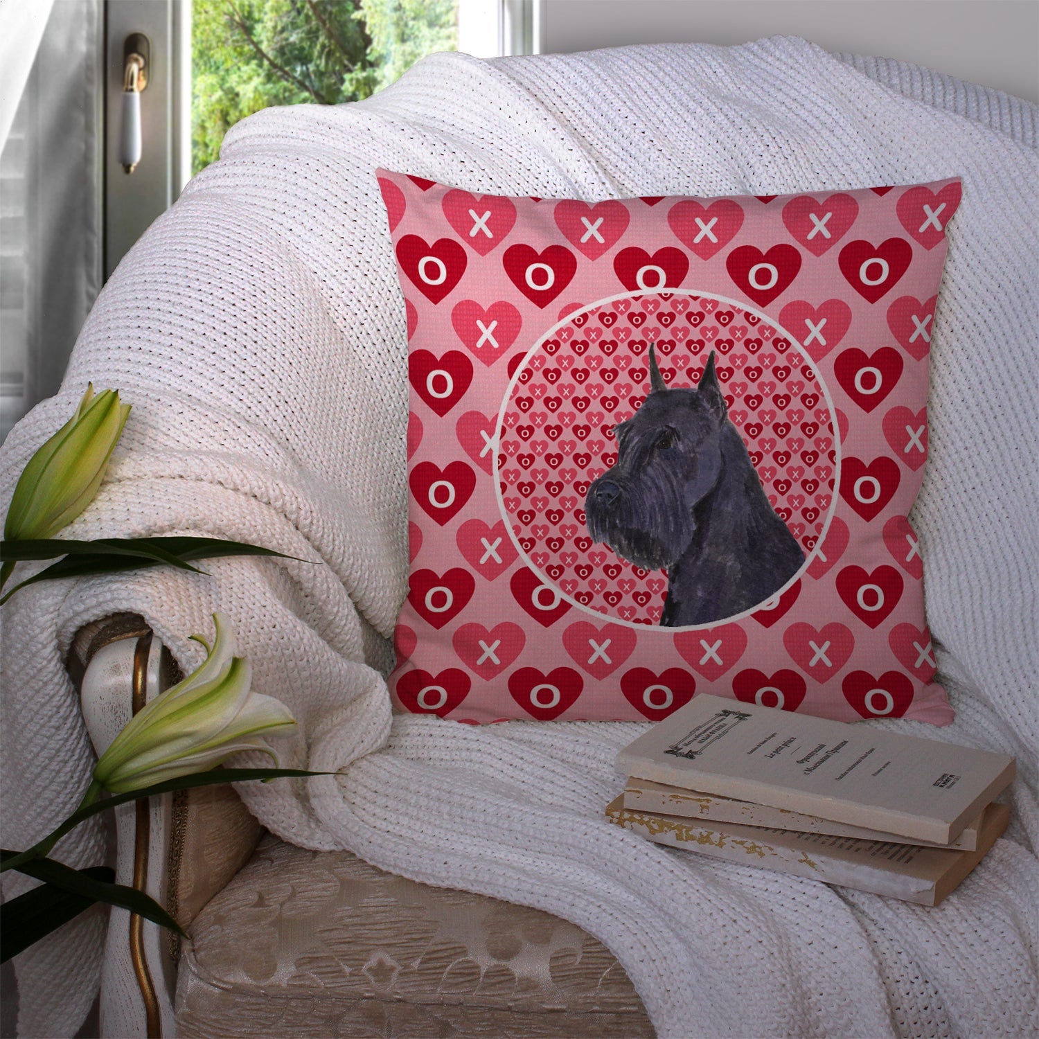 Schnauzer Hearts Love and Valentine's Day Portrait Decorative Throw Pillow 14x14 Indoor Outdoor Accent Cushion, Fabric Cover with Insert for Sofa, Bed, Porch & Living Room
