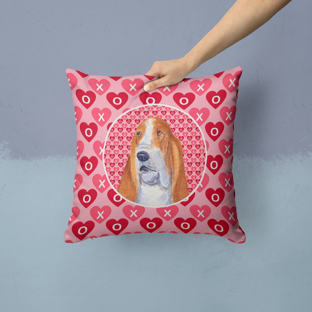 Basset Hound Hearts Love and Valentine's Day Portrait Decorative Throw Pillow 14x14 Indoor Outdoor Accent Cushion, Fabric Cover with Insert for Sofa, Bed, Porch & Living Room
