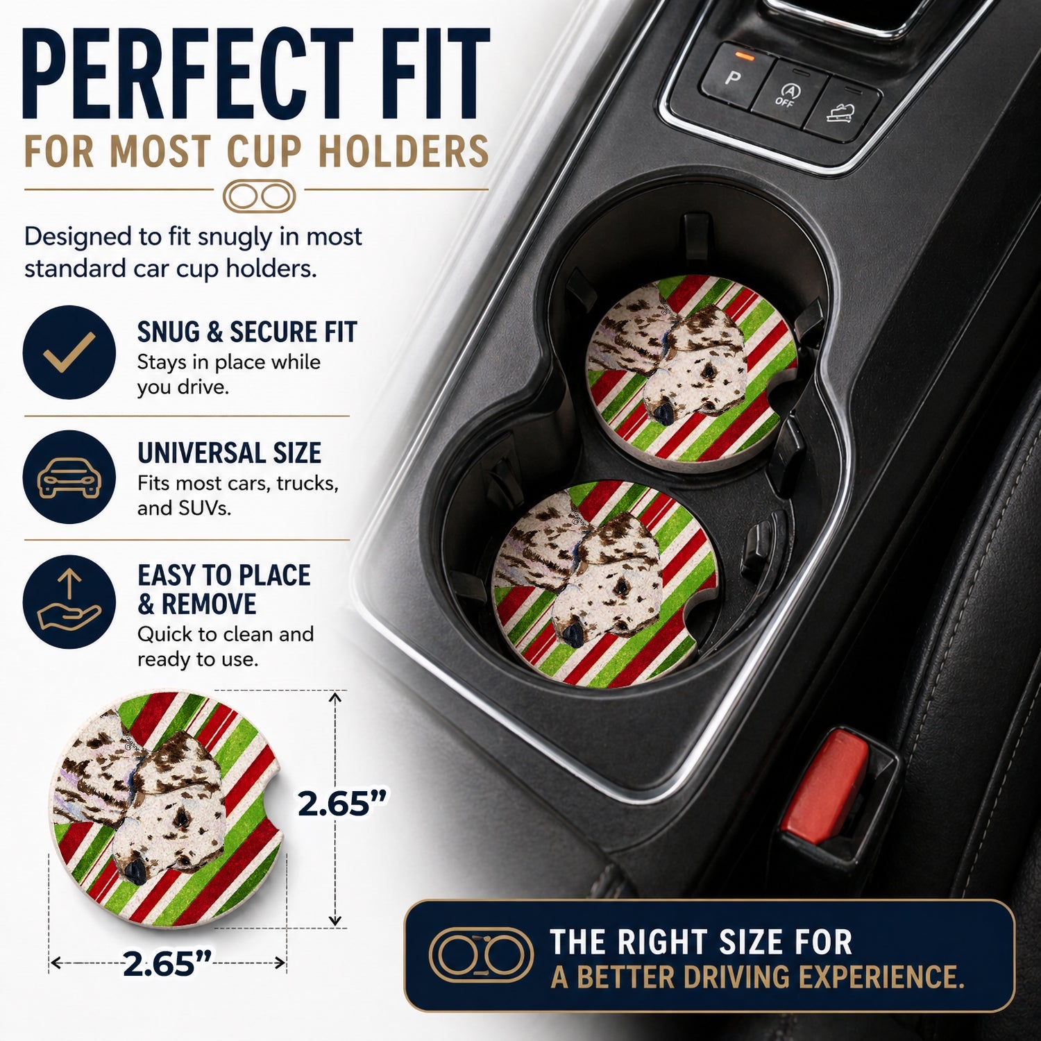Dalmatian Candy Cane Holiday Christmas Set of 2 Cup Holder Car Coasters Absorbent Round Sandstone Coasters Gifts for Men or Women, 2.5, Multicolor