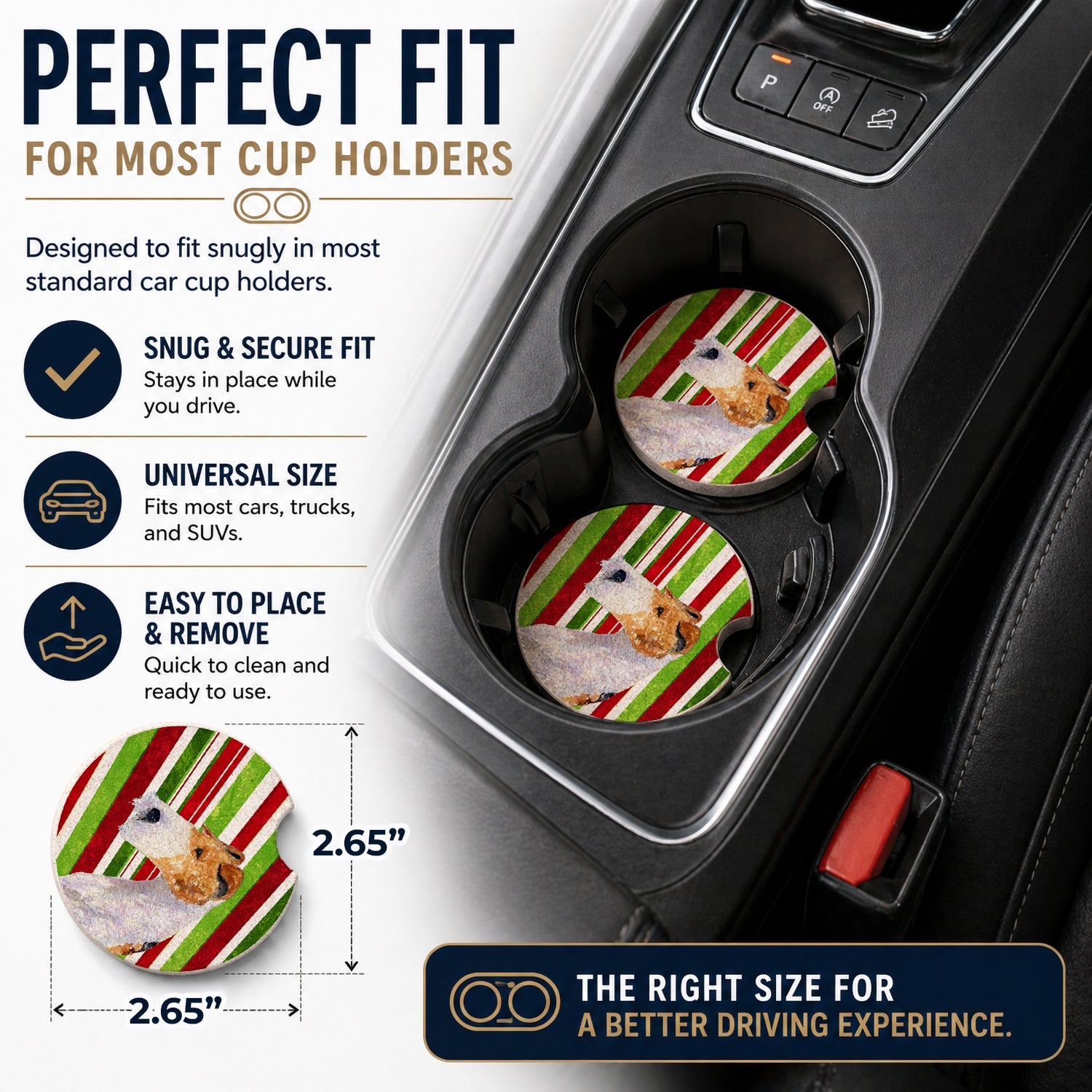 Fox Terrier Candy Cane Holiday Christmas Set of 2 Cup Holder Car Coasters Absorbent Round Sandstone Coasters Gifts for Men or Women, 2.5, Multicolor
