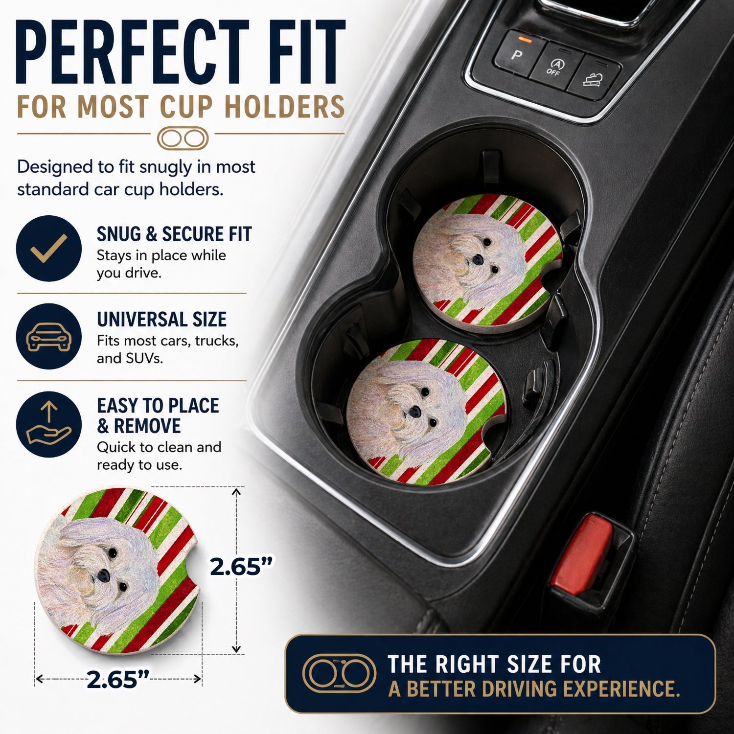 Maltese Candy Cane Holiday Christmas Set of 2 Cup Holder Car Coasters Absorbent Round Sandstone Coasters Gifts for Men or Women, 2.5, Multicolor