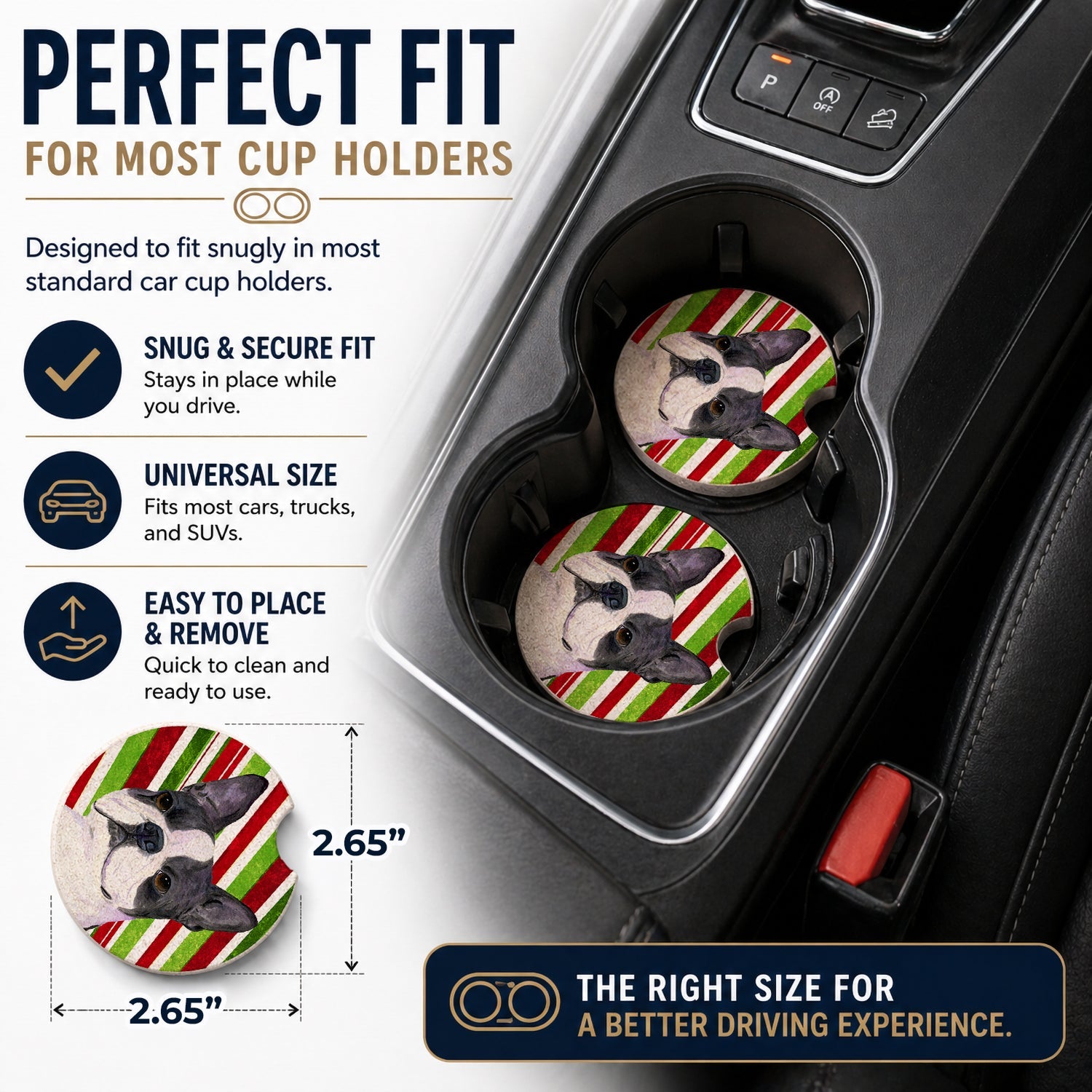 Boston Terrier Candy Cane Holiday Christmas Set of 2 Cup Holder Car Coasters Absorbent Round Sandstone Coasters Gifts for Men or Women, 2.5, Multicolor