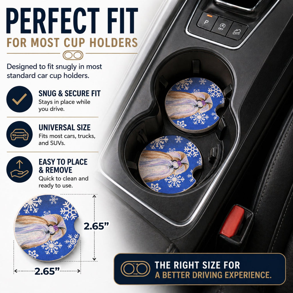 Shih Tzu Winter Snowflakes Holiday Set of 2 Cup Holder Car Coasters Absorbent Round Sandstone Coasters Gifts for Men or Women, 2.5, Multicolor