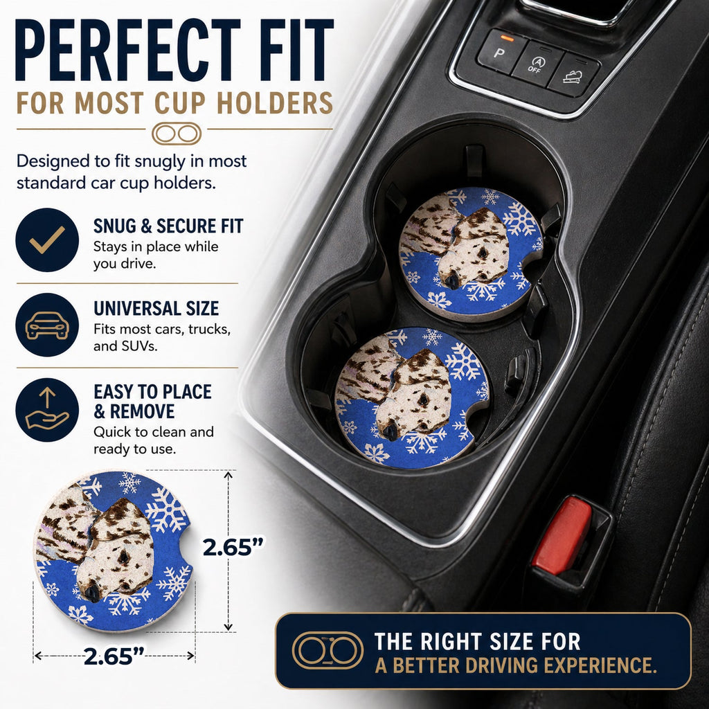 Dalmatian Winter Snowflakes Holiday Set of 2 Cup Holder Car Coasters Absorbent Round Sandstone Coasters Gifts for Men or Women, 2.5, Multicolor