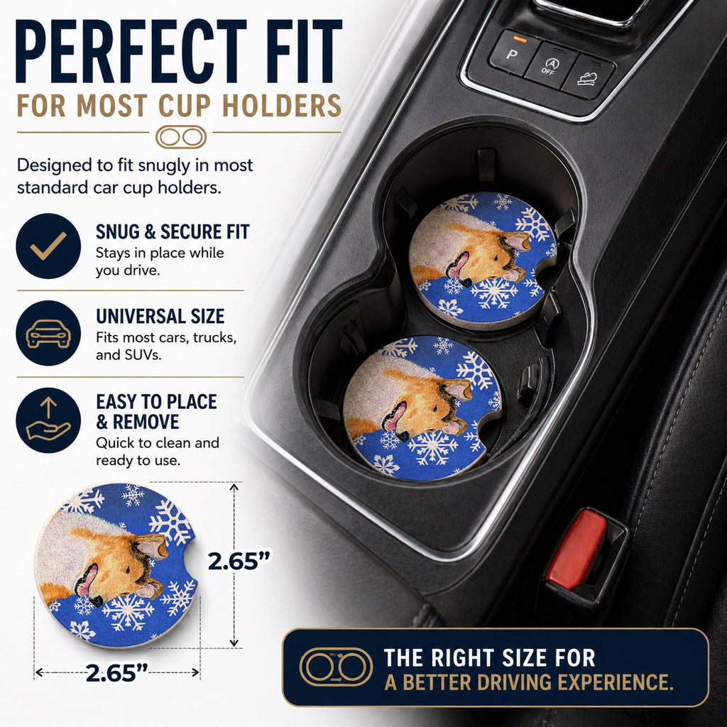 Collie Smooth Winter Snowflakes Holiday Set of 2 Cup Holder Car Coasters Absorbent Round Sandstone Coasters Gifts for Men or Women, 2.5, Multicolor