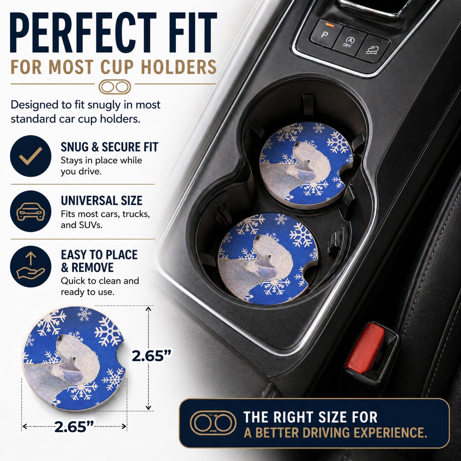 Bedlington Terrier Winter Snowflakes Holiday Set of 2 Cup Holder Car Coasters Absorbent Round Sandstone Coasters Gifts for Men or Women, 2.5, Multicolor
