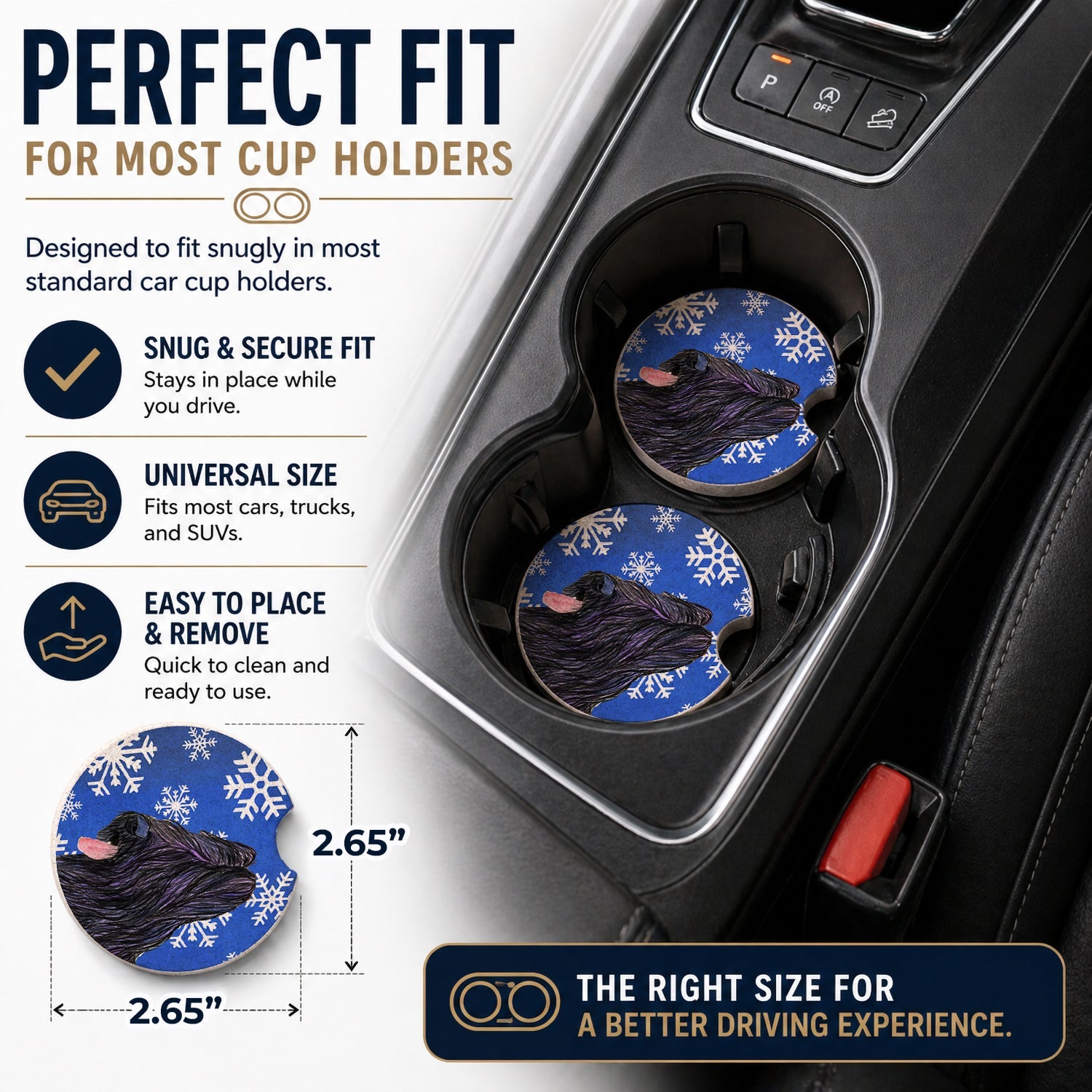 Briard Winter Snowflakes Holiday Set of 2 Cup Holder Car Coasters Absorbent Round Sandstone Coasters Gifts for Men or Women, 2.5, Multicolor