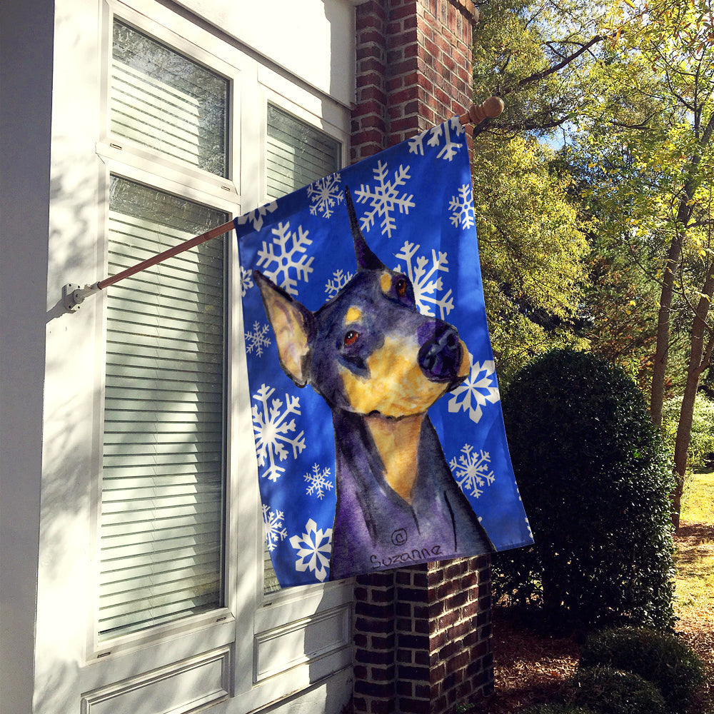 Doberman Winter Snowflakes Holiday House Flag 28x40 Porch Sleeve Pole Decorative Outside Yard Banner Artwork Wall Hanging, Polyester