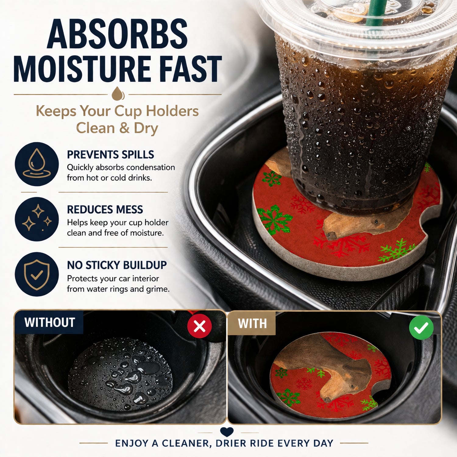 Doberman Red and Green Snowflakes Holiday Christmas Set of 2 Cup Holder Car Coasters Absorbent Round Sandstone Coasters Gifts for Men or Women, 2.5, Multicolor