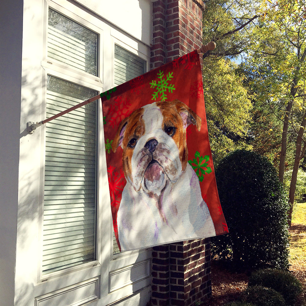 Bulldog English Red and Green Snowflakes Holiday Christmas House Flag 28x40 Porch Sleeve Pole Decorative Outside Yard Banner Artwork Wall Hanging, Polyester
