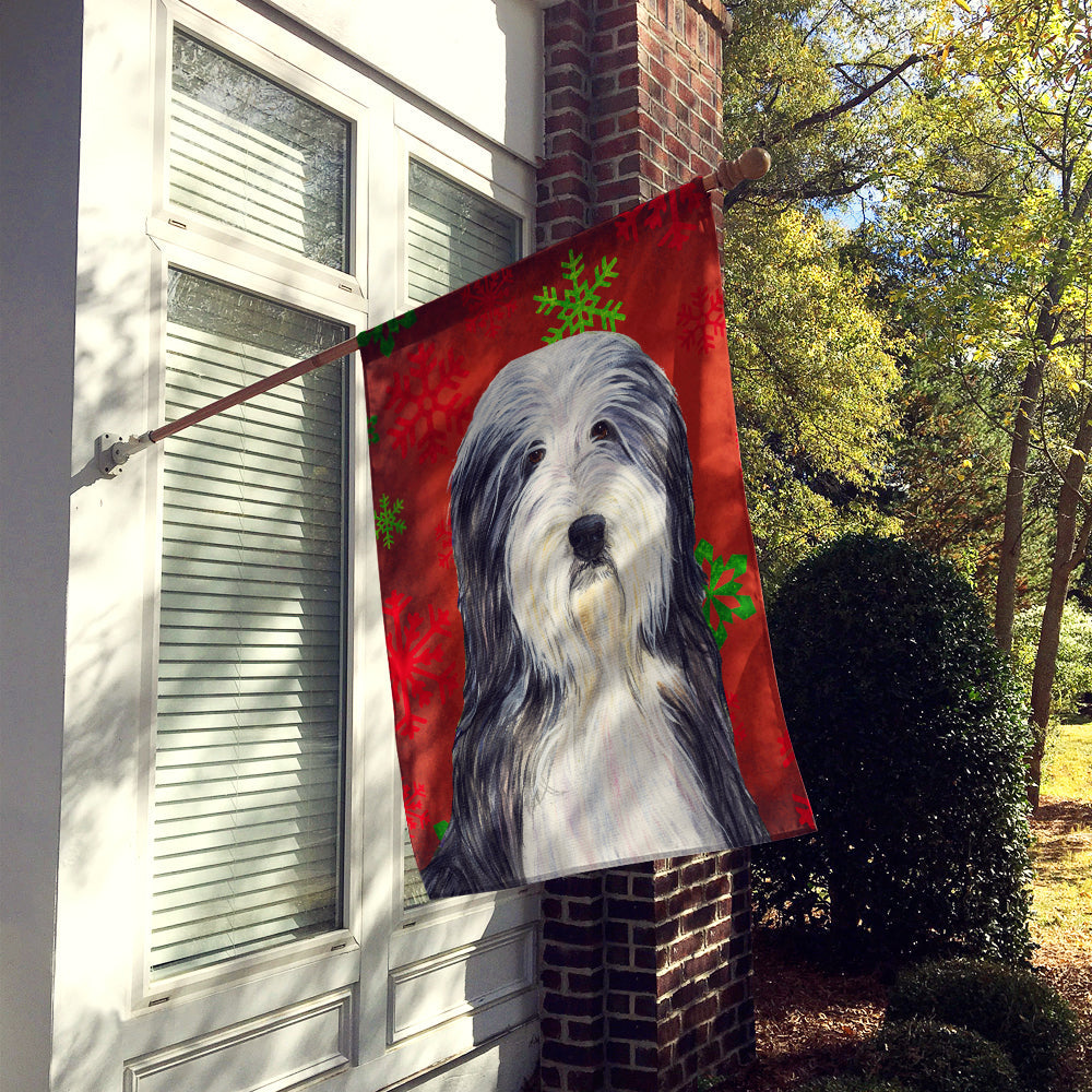 Bearded Collie Red and Green Snowflakes Holiday Christmas House Flag 28x40 Porch Sleeve Pole Decorative Outside Yard Banner Artwork Wall Hanging, Polyester