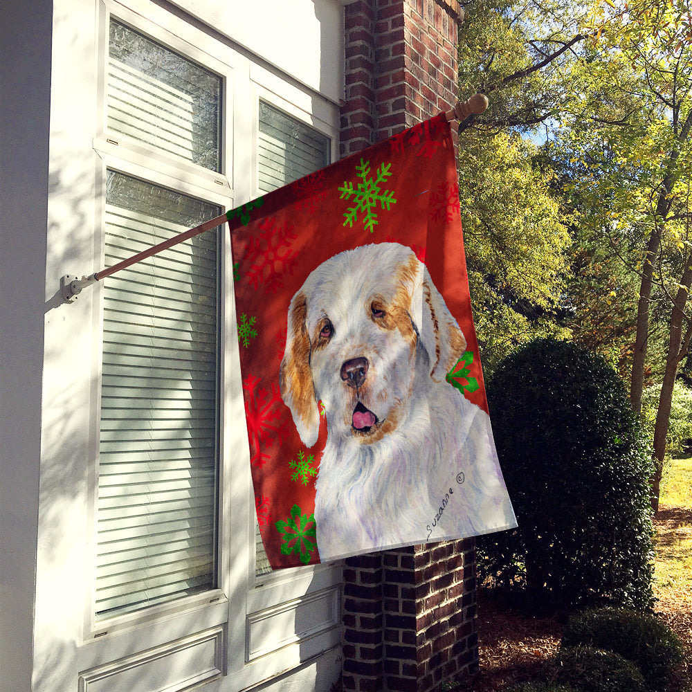 Clumber Spaniel Red and Green Snowflakes Holiday Christmas House Flag 28x40 Porch Sleeve Pole Decorative Outside Yard Banner Artwork Wall Hanging, Polyester