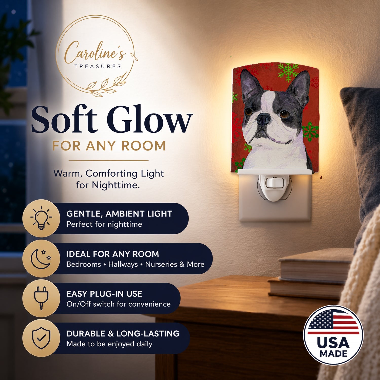Boston Terrier Red Green Snowflakes Christmas Ceramic Night Light Compact, UL-Certified, Ideal for Bedroom, Bathroom, Nursery, Hallway, Kitchen, 6x4x3, Multicolor