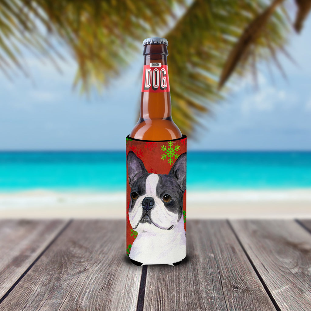 Boston Terrier Red Green Snowflakes Christmas Slim Can Hugger , Insulated Foam Hugger for 12 oz Slim Cans, Beer Bottles & Water Bottles, Printed in USA