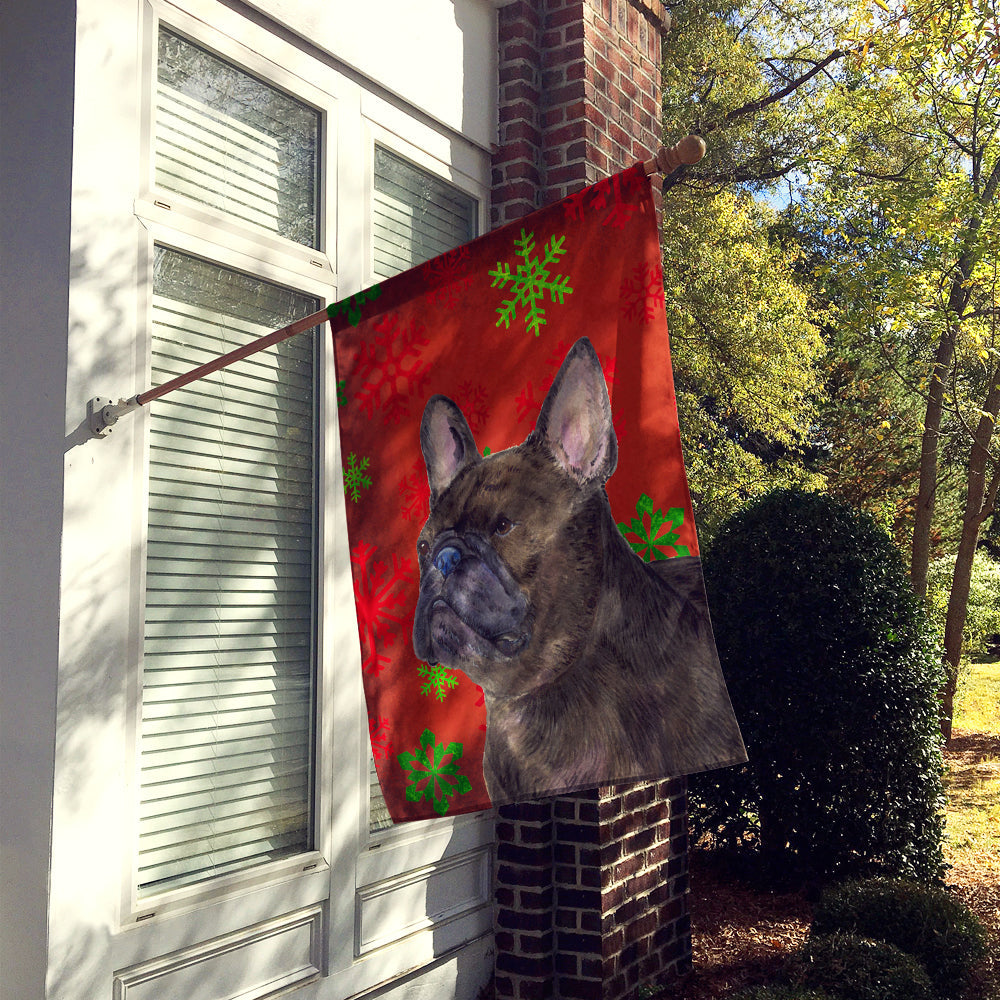 French Bulldog Red and Green Snowflakes Holiday Christmas House Flag 28x40 Porch Sleeve Pole Decorative Outside Yard Banner Artwork Wall Hanging, Polyester