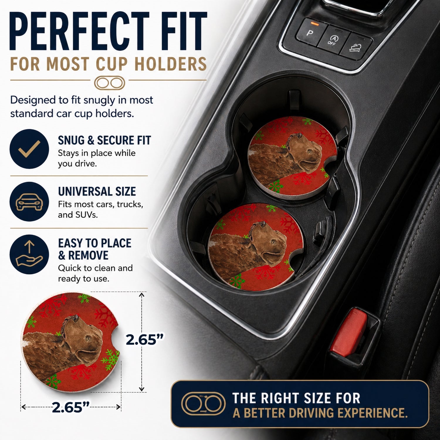 Chesapeake Bay Retriever Red Snowflakes Holiday Christmas Set of 2 Cup Holder Car Coasters Absorbent Round Sandstone Coasters Gifts for Men or Women, 2.5, Multicolor