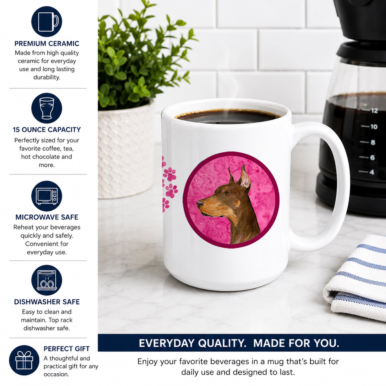 Pink Doberman Ceramic Coffee Mug 15 oz Decorative Large C Handle Mug Cup for Tea, Cocoa Hot Chocolate