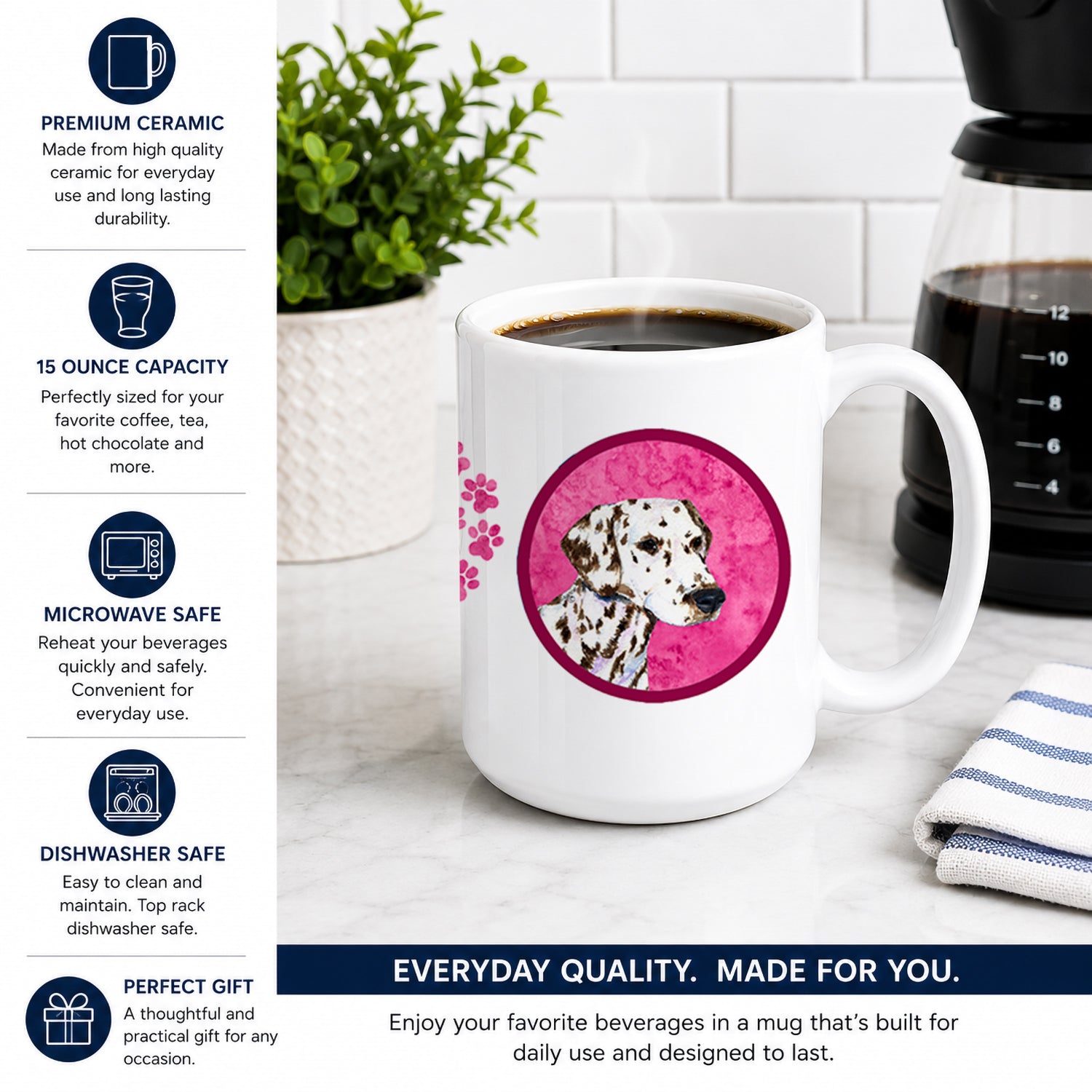 Pink Dalmatian Ceramic Coffee Mug 15 oz Decorative Large C Handle Mug Cup for Tea, Cocoa Hot Chocolate