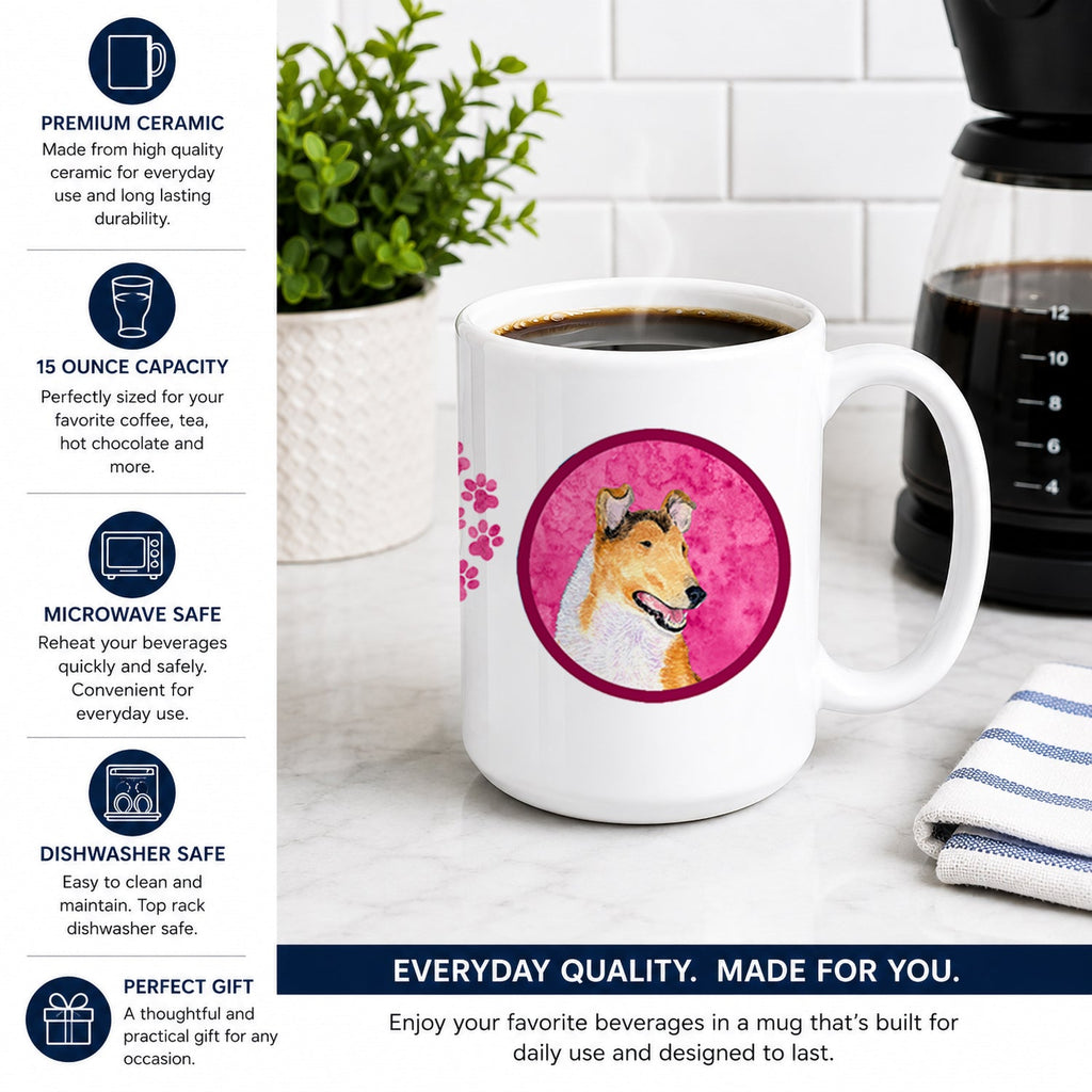 Pink Smooth Collie Ceramic Coffee Mug 15 oz Decorative Large C Handle Mug Cup for Tea, Cocoa Hot Chocolate