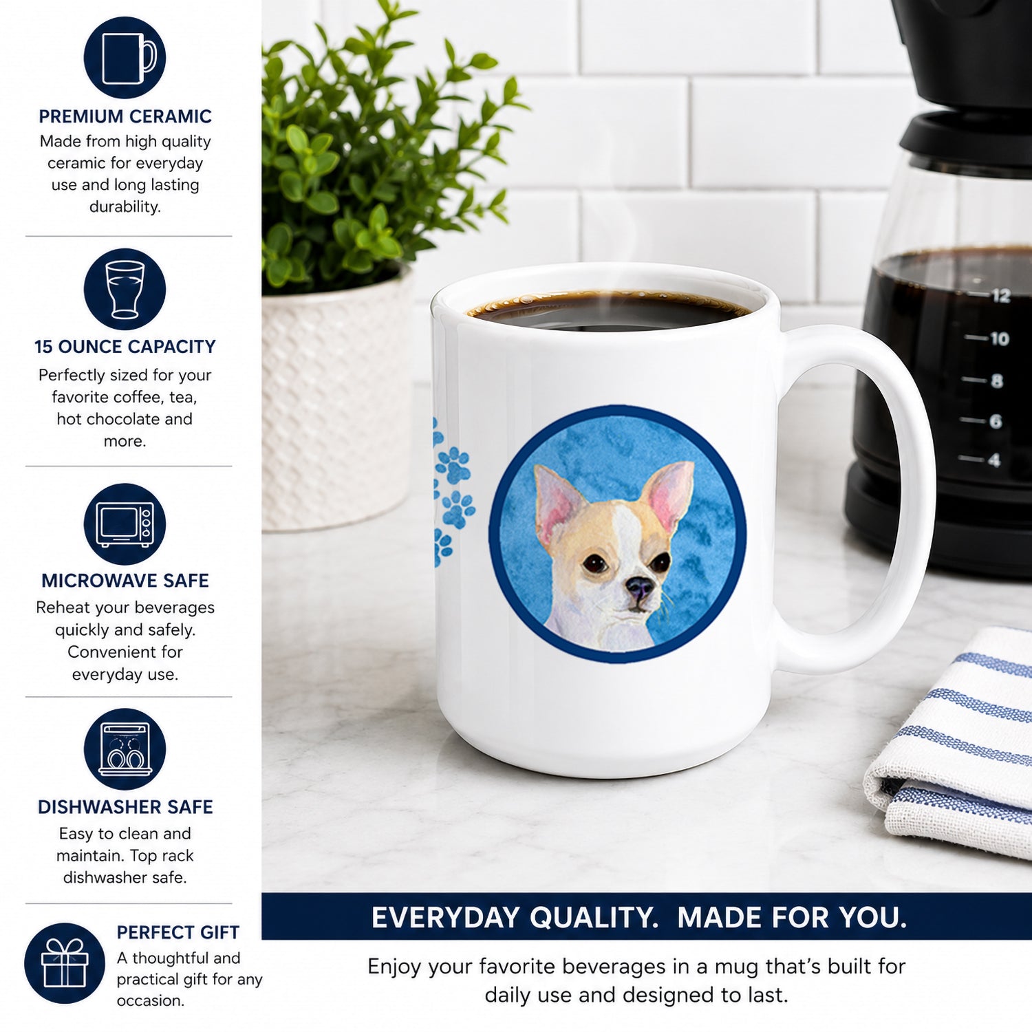Blue Chihuahua Ceramic Coffee Mug 15 oz Decorative Large C Handle Mug Cup for Tea, Cocoa Hot Chocolate