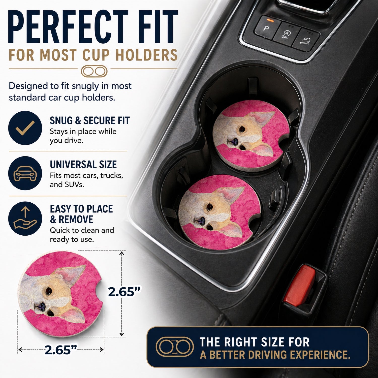 Pink Chihuahua Set of 2 Cup Holder Car Coasters Absorbent Round Sandstone Coasters Gifts for Men or Women, 2.5, Multicolor