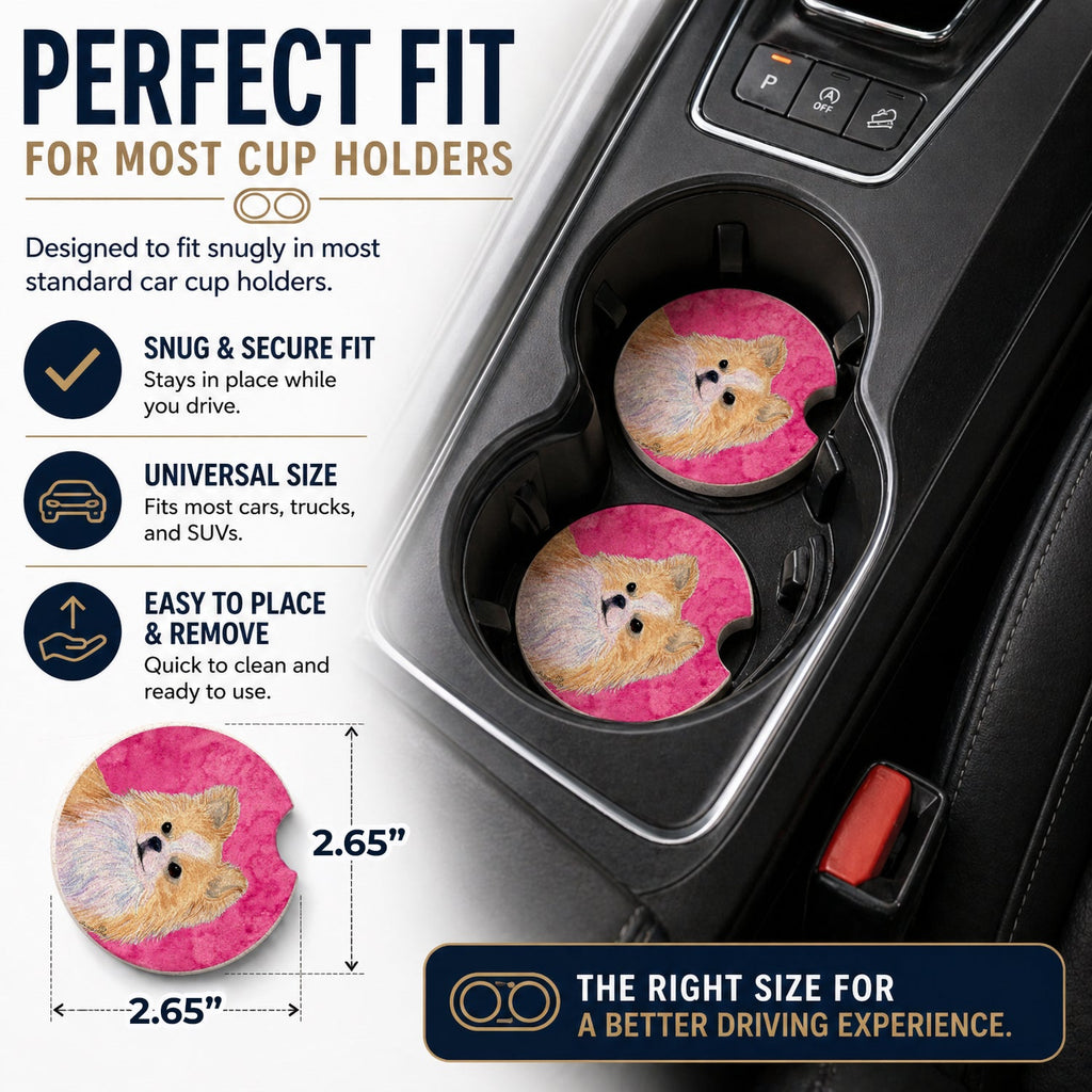 Pink Longhaired Chihuahua Set of 2 Cup Holder Car Coasters Absorbent Round Sandstone Coasters Gifts for Men or Women, 2.5, Multicolor