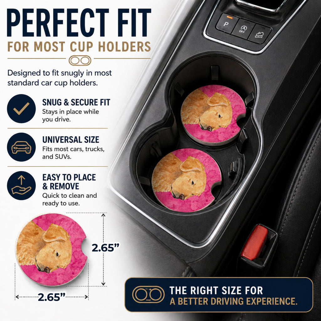 Pink Golden Retriever Set of 2 Cup Holder Car Coasters Absorbent Round Sandstone Coasters Gifts for Men or Women, 2.5, Multicolor