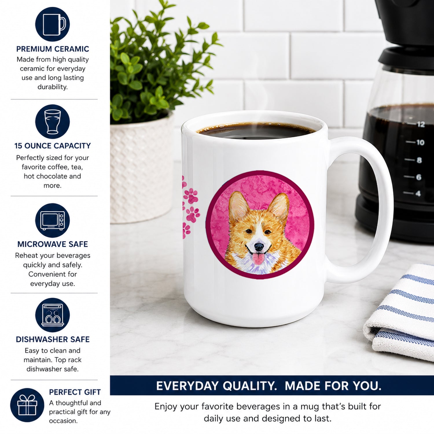 Pink Corgi Ceramic Coffee Mug 15 oz Decorative Large C Handle Mug Cup for Tea, Cocoa Hot Chocolate