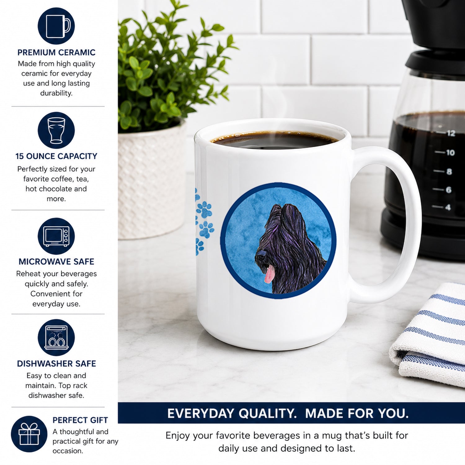 Blue Briard Ceramic Coffee Mug 15 oz Decorative Large C Handle Mug Cup for Tea, Cocoa Hot Chocolate