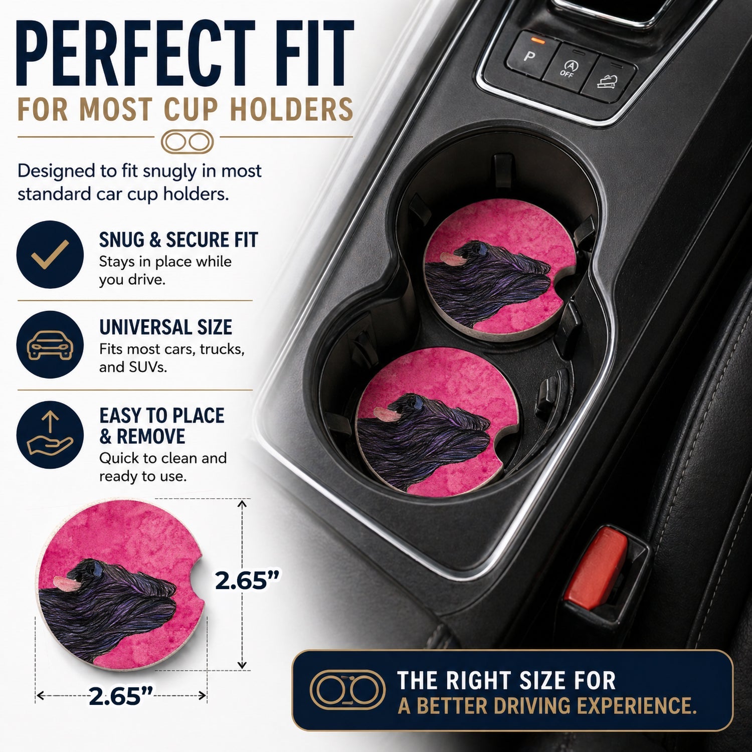 Pink Briard Set of 2 Cup Holder Car Coasters Absorbent Round Sandstone Coasters Gifts for Men or Women, 2.5, Multicolor