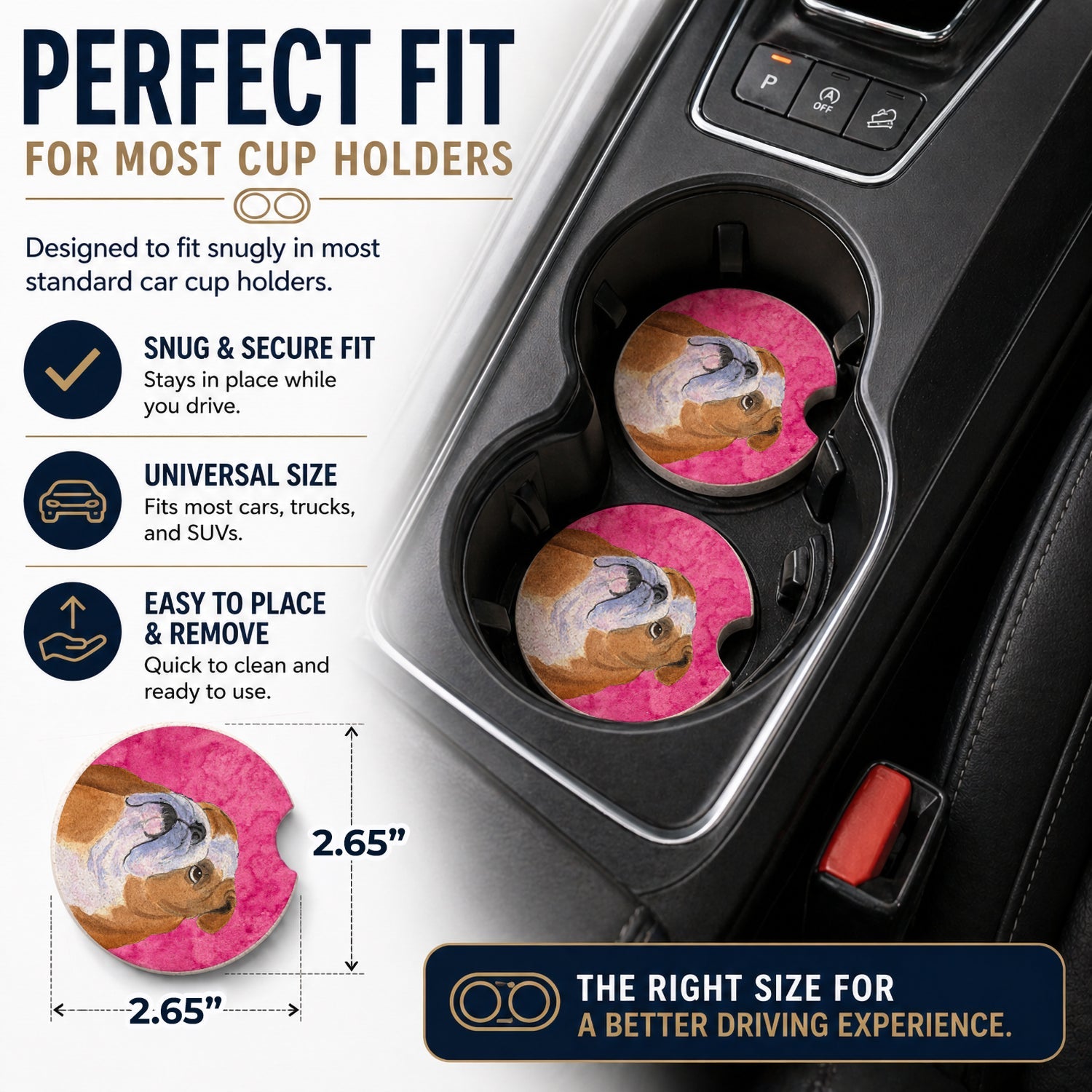 Pink English Bulldog Set of 2 Cup Holder Car Coasters Absorbent Round Sandstone Coasters Gifts for Men or Women, 2.5, Multicolor
