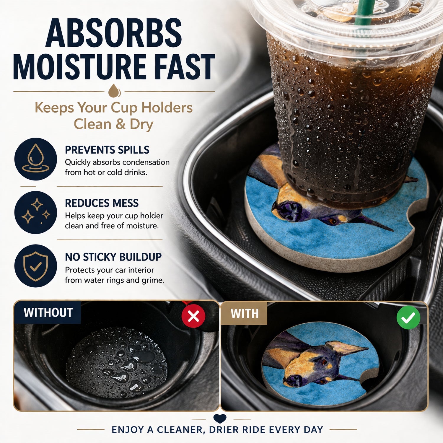 Blue Doberman Set of 2 Cup Holder Car Coasters Absorbent Round Sandstone Coasters Gifts for Men or Women, 2.5, Multicolor
