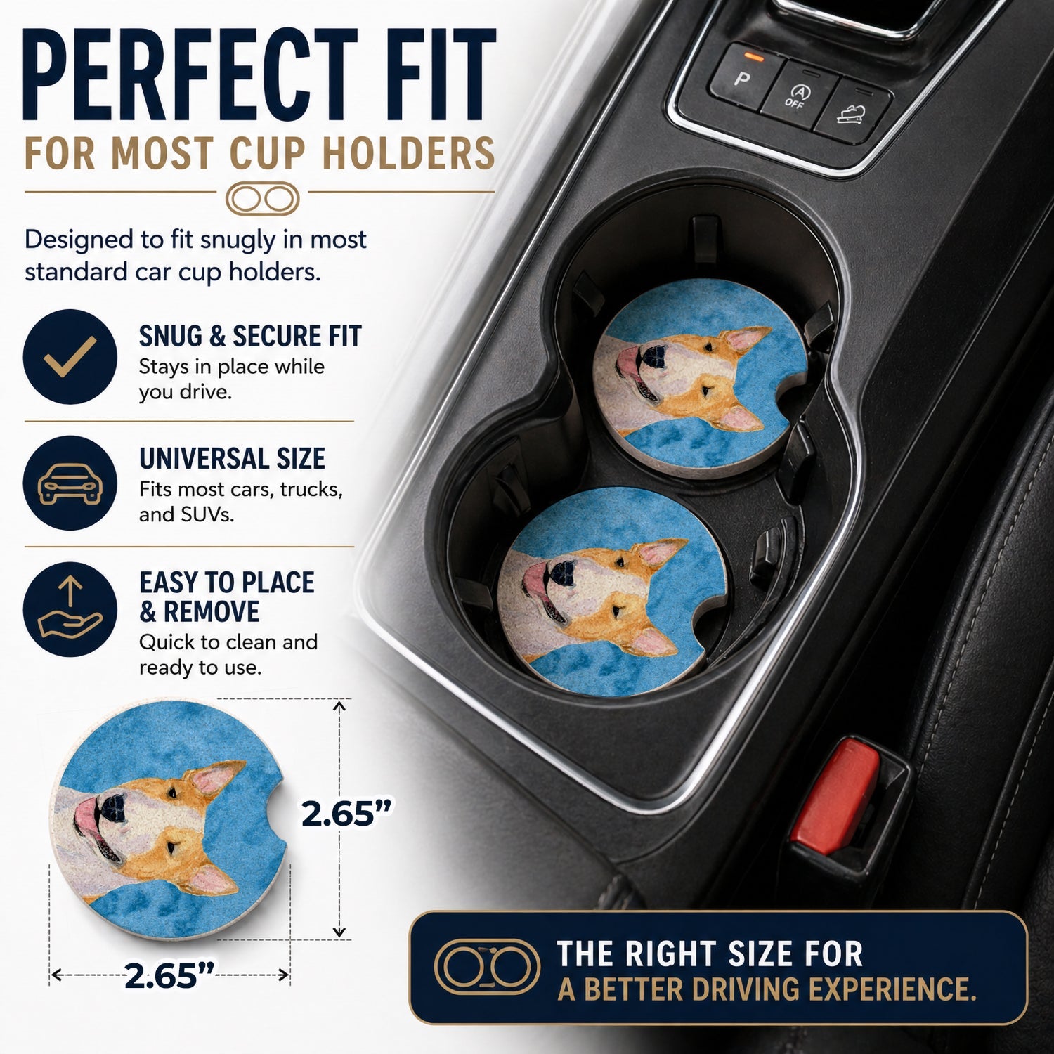 Blue Bull Terrier Set of 2 Cup Holder Car Coasters Absorbent Round Sandstone Coasters Gifts for Men or Women, 2.5, Multicolor