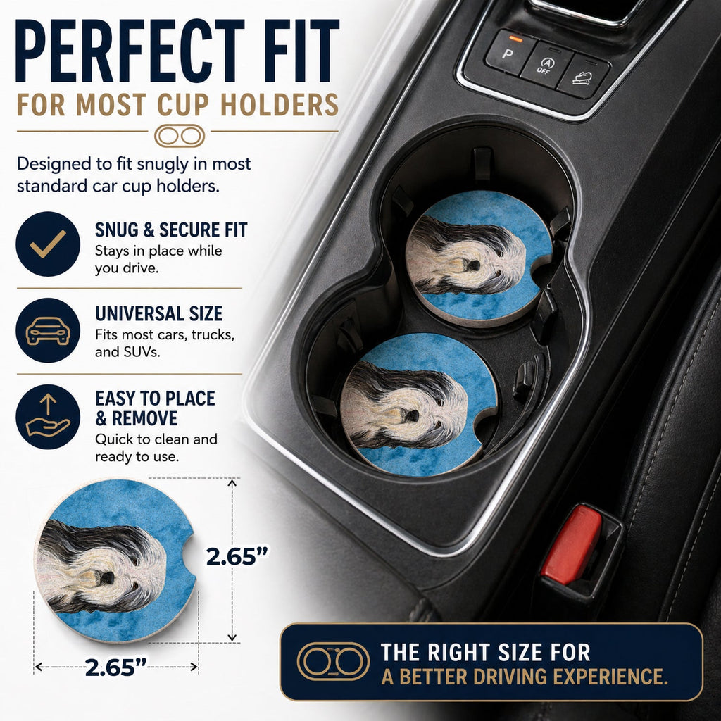 Blue Bearded Collie Set of 2 Cup Holder Car Coasters Absorbent Round Sandstone Coasters Gifts for Men or Women, 2.5, Multicolor