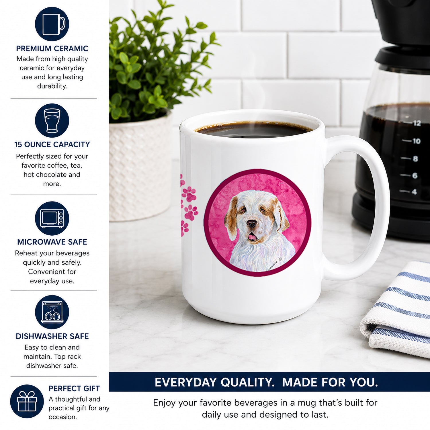 Pink Clumber Spaniel Ceramic Coffee Mug 15 oz Decorative Large C Handle Mug Cup for Tea, Cocoa Hot Chocolate