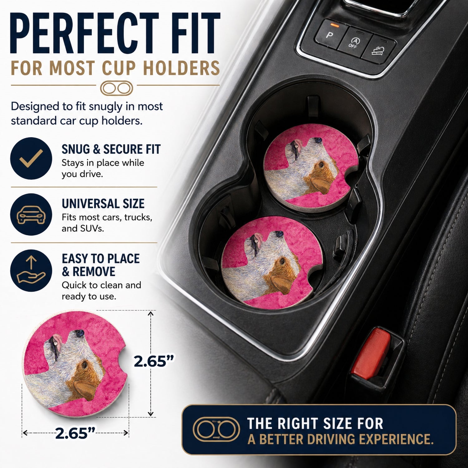 Pink Jack Russell Terrier Set of 2 Cup Holder Car Coasters Absorbent Round Sandstone Coasters Gifts for Men or Women, 2.5, Multicolor
