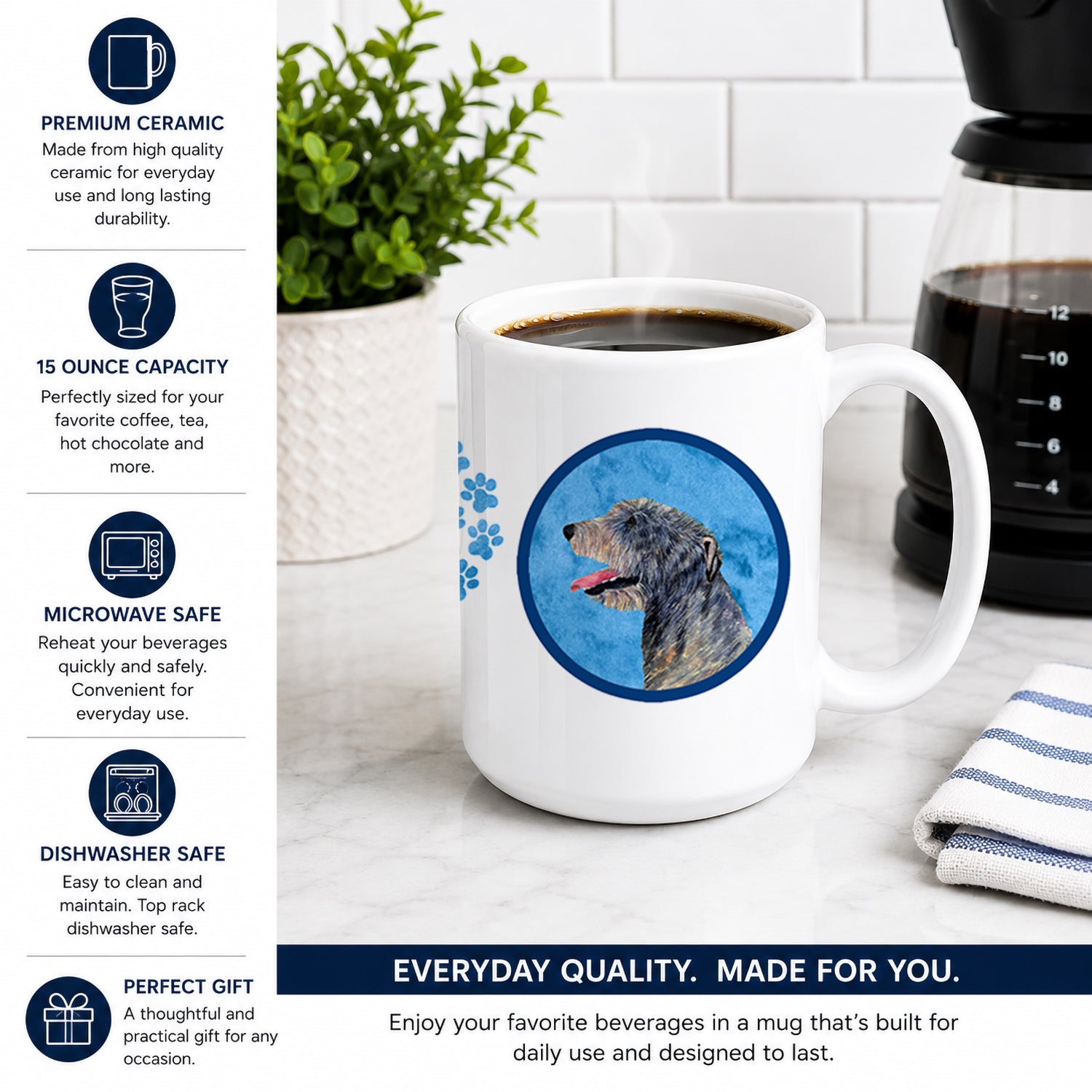 Blue Irish Wolfhound Ceramic Coffee Mug 15 oz Decorative Large C Handle Mug Cup for Tea, Cocoa Hot Chocolate