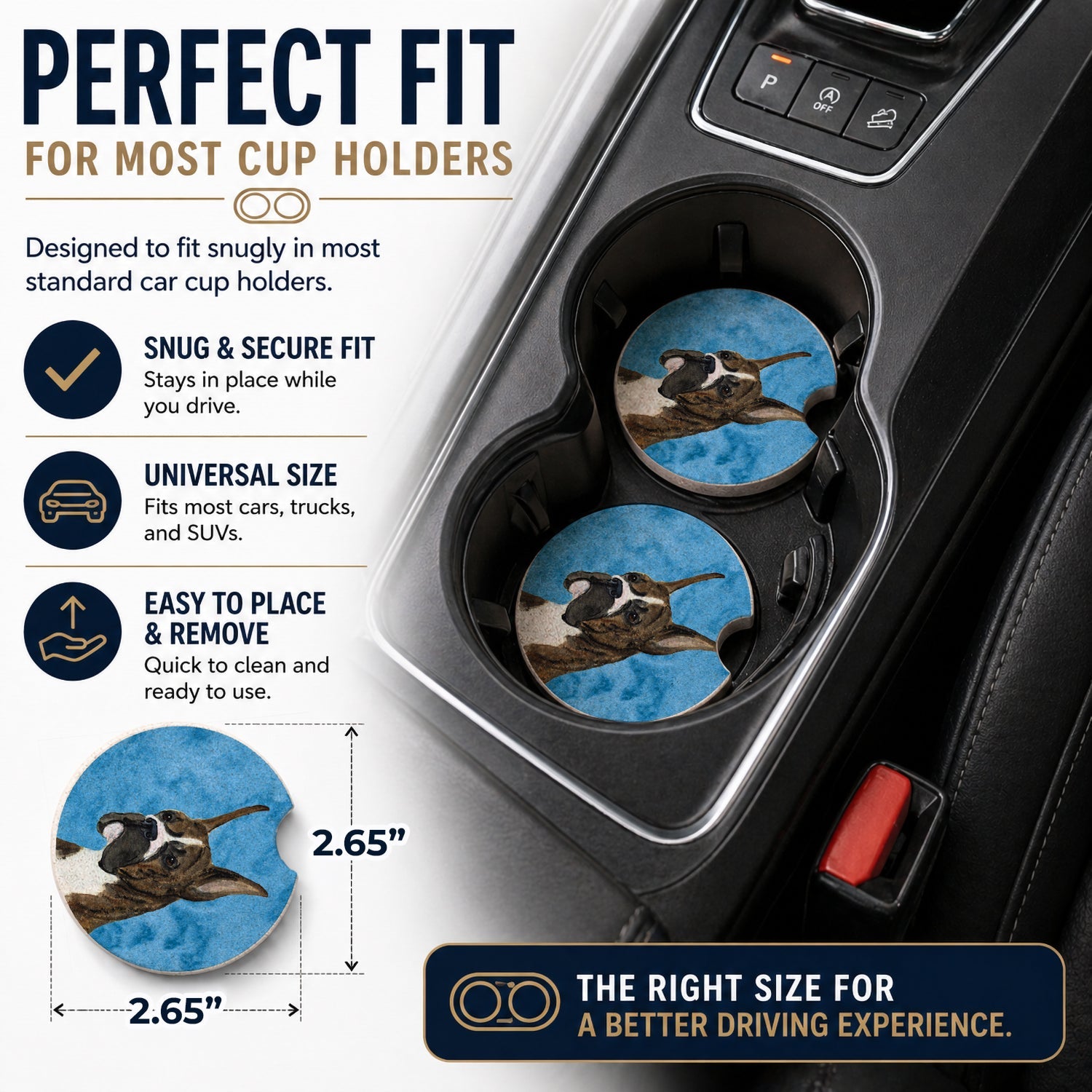 Blue Brindle Cropped Eared Boxer Set of 2 Cup Holder Car Coasters Absorbent Round Sandstone Coasters Gifts for Men or Women, 2.5, Multicolor