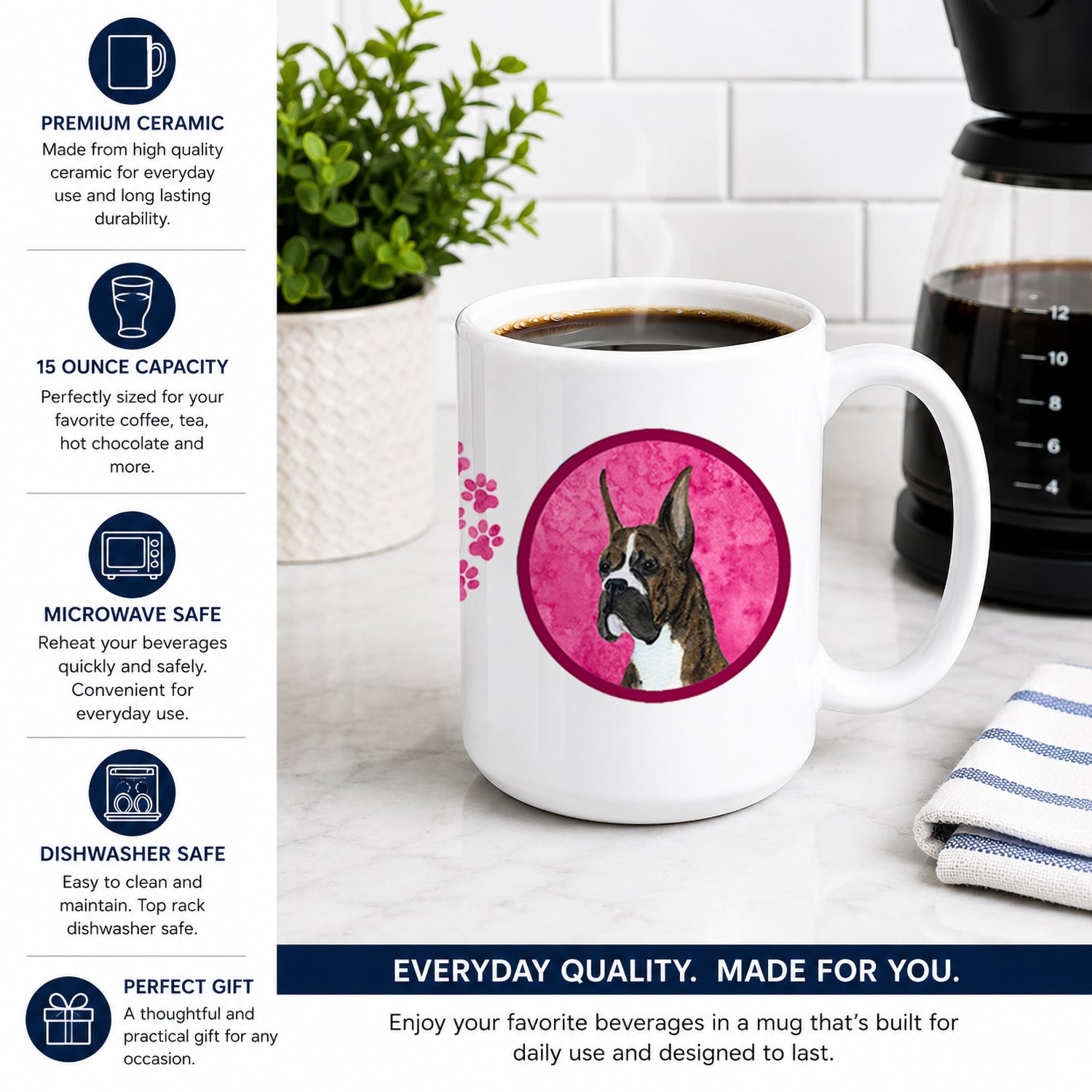Pink Brindle Cropped Eared Boxer Ceramic Coffee Mug 15 oz Decorative Large C Handle Mug Cup for Tea, Cocoa Hot Chocolate