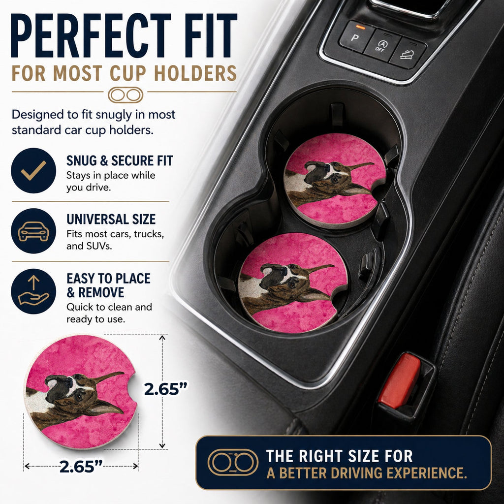 Pink Brindle Cropped Eared Boxer Set of 2 Cup Holder Car Coasters Absorbent Round Sandstone Coasters Gifts for Men or Women, 2.5, Multicolor
